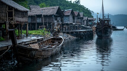 Obraz premium Historical scene of chanthaburi key port on the east coast rustic boats by the shore serene water captivating landscape