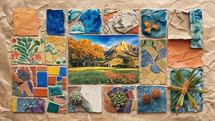 Nature Collage with Landscape, Plants, and Textures on Handmade Paper Background