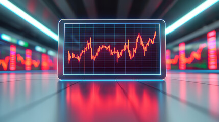 futuristic trading floor with holographic screens displays dynamic stock market data