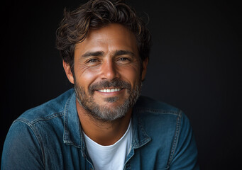 Fototapeta premium Smiling Man in Denim Shirt – Cinematic-Style Portrait Photography with Black Background, High-Quality Studio Shot, Professional Lighting, Perfect for Branding and Marketing Use