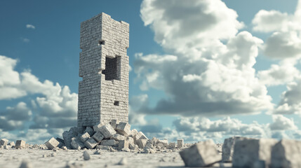 surreal and symbolic scene of a crumbling tower constructed from small, uniform blocks, set against a serene sky filled with fluffy clouds.