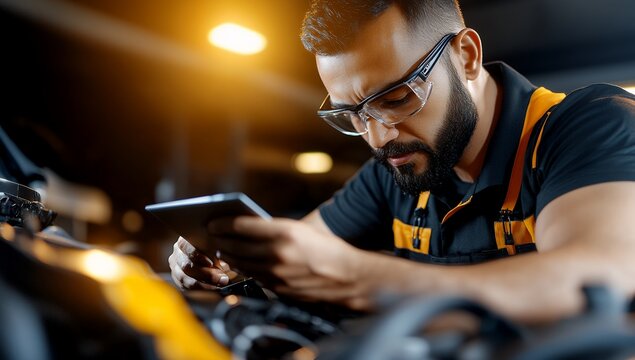 A male mechanic uses a tablet to diagnose a vehicle problem in his garage workshop