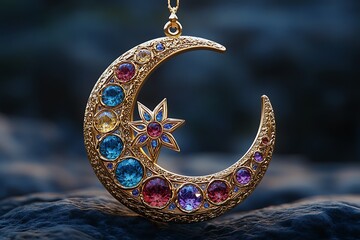  Elegant Gold Crescent Moon Pendant with Gemstones and Star Design