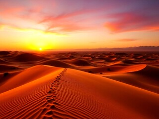 Naklejka premium sunset in the desert. desert, sand, landscape, sunset, sky, dune, nature, sun, sahara, sunrise, travel, dunes, dry, road, horizon, yellow, orange, summer, beach, sand dune, cloud, morocco, scenic, hea