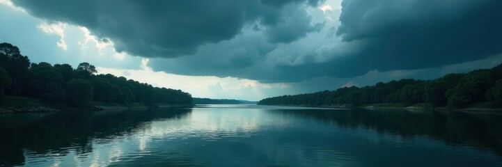 Fototapeta premium Dark stormy clouds above a serene river with peaceful ripples, atmosphere, ominous