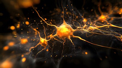 Dynamic Neurons: A macro perspective unveils a captivating microscopic panorama of glowing neurons with dynamic networks that shows the mysteries of the brain. 