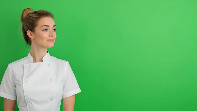 Food Blogger with Green Screen Background in Professional Chef Attire Ideal for Culinary and Social Media Themes