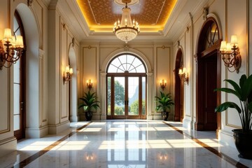 Obraz premium Grand entrance hall with high ceiling and chandelier, marble floor, elegant decor, crystal chandeliers
