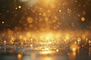 Wet Reflective Surface with Golden Sparkling Lights and Bokeh Effect