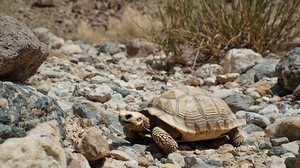 Fototapeta premium Sulcata Tortoise Walking on Rocky Terrain in Natural Habitat Setting