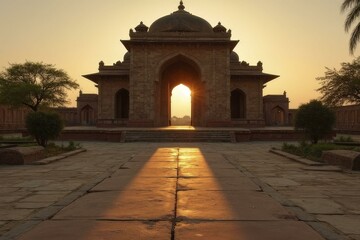 Fototapeta premium Majestic Ancient Stone Archway at Sunset with Symmetrical Landscaping 