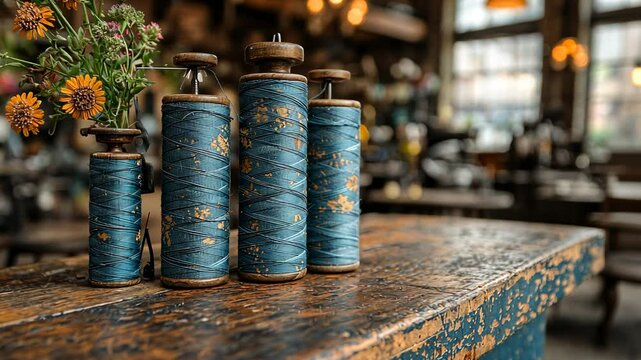 Vintage teal thread spools on rustic wooden counter, floral arrangement, busy cafe background