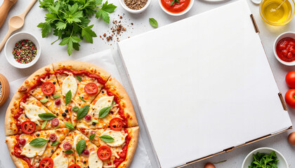 Delicious pizza with toppings on a kitchen countertop, mockup