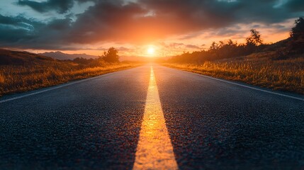 Serene Sunset Over an Open Road Surrounded by Nature's Beauty