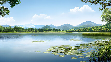 Serene Lake Landscape with Lush Green Mountains Under a Blue Sky