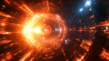 Obraz premium Abstract orange tunnel. Glowing light moving. Shiny futuristic background. Space travel in a wormhole. Circular bright energy. Dimensional portal view.