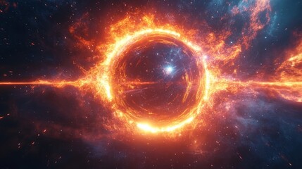 Obraz premium Space nebula scene. Star explosion with fire ring. Galaxy cosmic burst. Universe astral background. Star light energy.