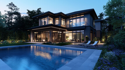 Fototapeta premium modern eco friendly smart home with pool, powered by renewable energy