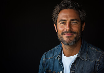 Fototapeta premium Smiling Man in Denim Shirt – Cinematic-Style Portrait Photography with Black Background, High-Quality Studio Shot, Professional Lighting, Perfect for Branding and Marketing Use