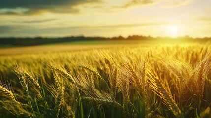 Golden Wheat Field at Sunrise Under Beautiful Sky Landscape