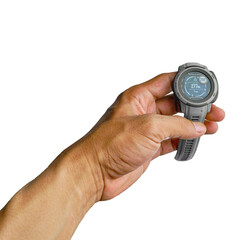 Hand Holding Modern Smartwatch Displaying Digital Data and Navigation Settings