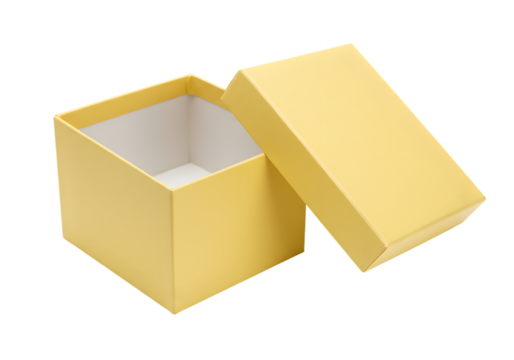 Yellow square gift box with a removable lid, empty and ready for presents, featuring a minimalist design and soft color.