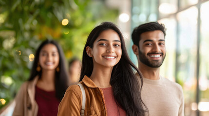 Fototapeta premium attractive young Indian group three people walking on balcony in luxurious modern lounge in singapore