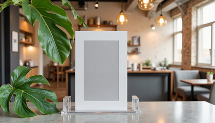 Empty photo frame on countertop with greenery in modern cafe, mockup