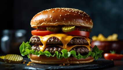 Gourmet Burger with Juicy Beef Patty, Melting Cheese, and Spicy Mosla Sauce