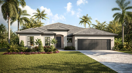 Modern Beige and Gray House with Palm Trees