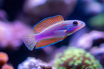 Fototapeta premium Beautiful, colorful fish swimming in a coral reef aquarium background.