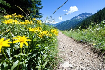 Obraz premium Hiking Trails for Spring - A scenic hiking trail surrounded by blooming wildflowers and lush greenery.