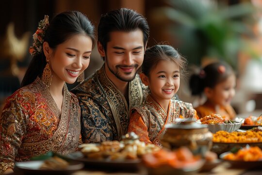 A family in traditional Thai clothing gathered around a table, sharing a festive meal and laughing together during Songkran Festival - Powered by Adobe