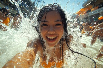 A slow-motion capture of a water splash from a water balloon hitting the camera lens, encapsulating the chaotic fun of Songkran Festival