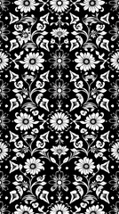 An Intricate Background Pattern Showcasing Repeating Motifs Of Stylized Floral Designs In Black And White, Rendered In A Woodcut Style, Creating A Sophisticated And Classic Aesthetic.
