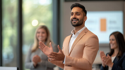 Indian man standing confidently in the center of a modern office, speaking to a group of colleagues.