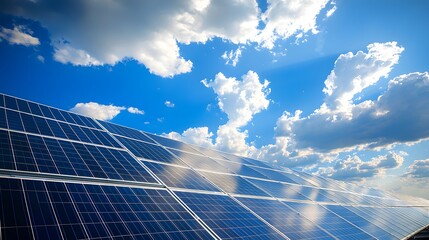 Bright Solar Panels Under a Cloudy Sky with Sunlight Reflections