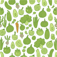 Seamless pattern with vegetables. Cucumber, pepper, onion, cucumber.