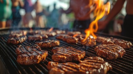 Sizzling meat on a barbecue brings joy to the carnival party atmosphere filled with laughter and celebration