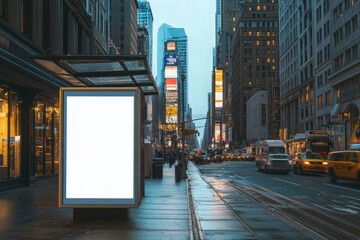 Blank Billboard at Bus Stop for Advertising Chicago City Buildings and Street Background