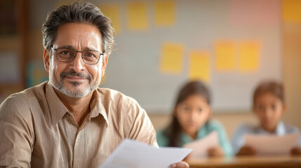 Indian teacher, wearing a formal shirt and glasses, speaks with a group of concerned Indian students in a traditional classroom setting