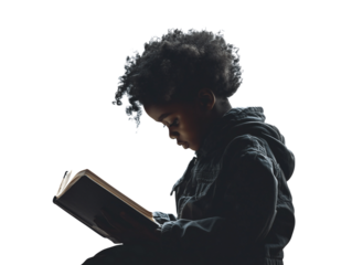 Moody Portrait of a Young Child Reading a Book on Transparent Background – Dramatic Lighting and Thoughtful Expression for Education, Curiosity, and Literature Themes.