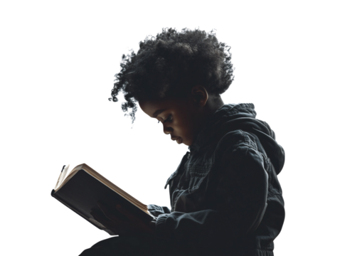 Moody Portrait of a Young Child Reading a Book on Transparent Background – Dramatic Lighting and Thoughtful Expression for Education, Curiosity, and Literature Themes.