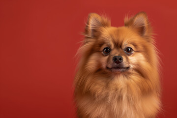 Obraz premium Pomeranian dog on minimalistic colorful background with Copy Space. Perfect for banners, veterinary ads, pet food promotions, and minimalist designs.