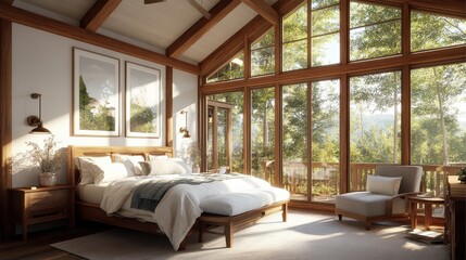 Fototapeta premium Cozy Modern Bedroom with Large Windows and Natural Light