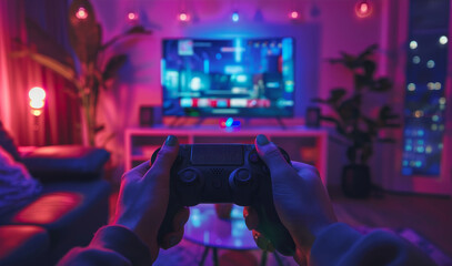 Close-up of a gamer's hands holding a video game controller immersed in vivid neon lighting, conveying a sense of action and entertainment.