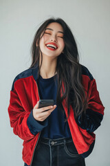 Naklejka premium Young beautiful woman wearing jacket and holding smartphone on white background
