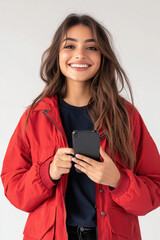 Fototapeta premium Young beautiful woman wearing jacket and holding smartphone on white background