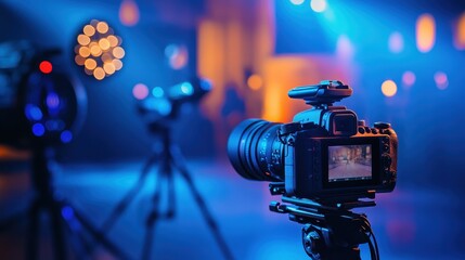Dynamic studio atmosphere with vibrant ring lights and professional cameras set for an engaging live broadcast session enhancing creative expression and visual storytelling