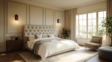 3D modern bedroom design featuring neutral tones, cozy textures, and elegant lighting